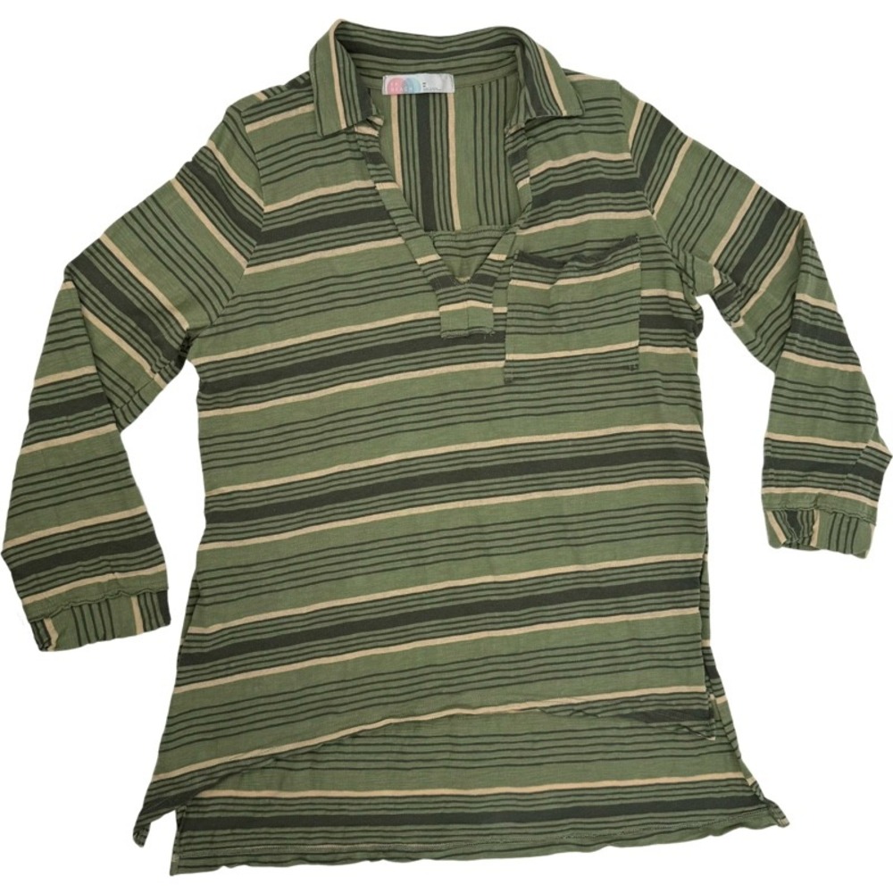 FREE PEOPLE BEACH Breaker Medium Top Green Striped V-Neck High Low Boho Vacation - Picture 15 of 16